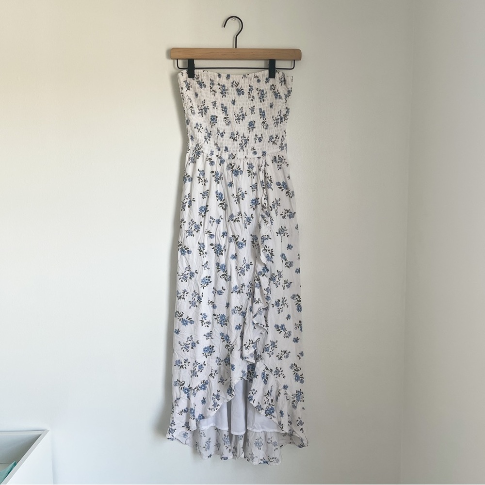 Hollister Strapless Floral Flowy Midi Dress - White/Blue - Size XS